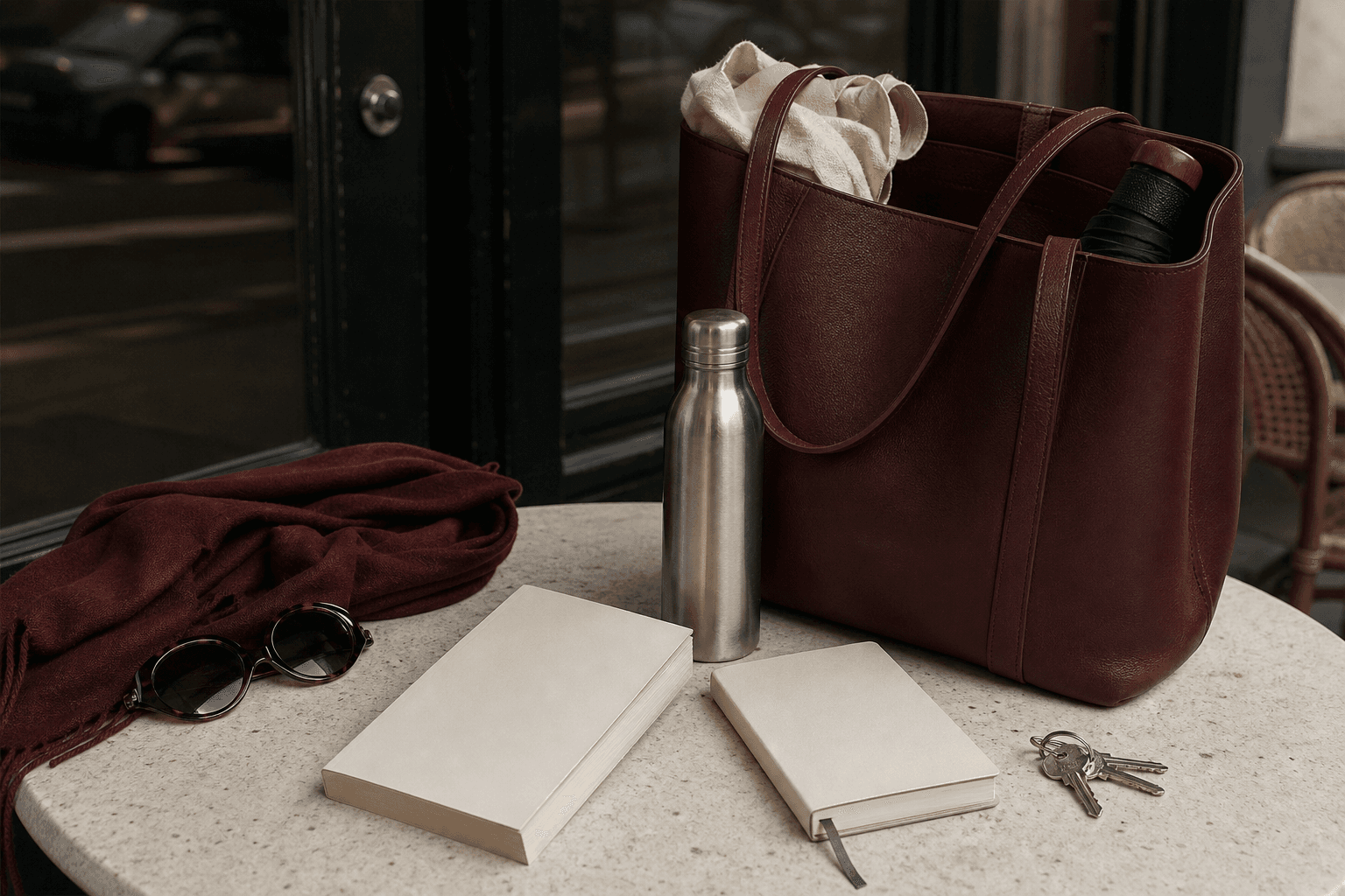 Eine burgunderfarbene Ledertasche steht mit Buch, Notizheft, Wasserflasche, Schirm und Schal auf einem Cafétisch.