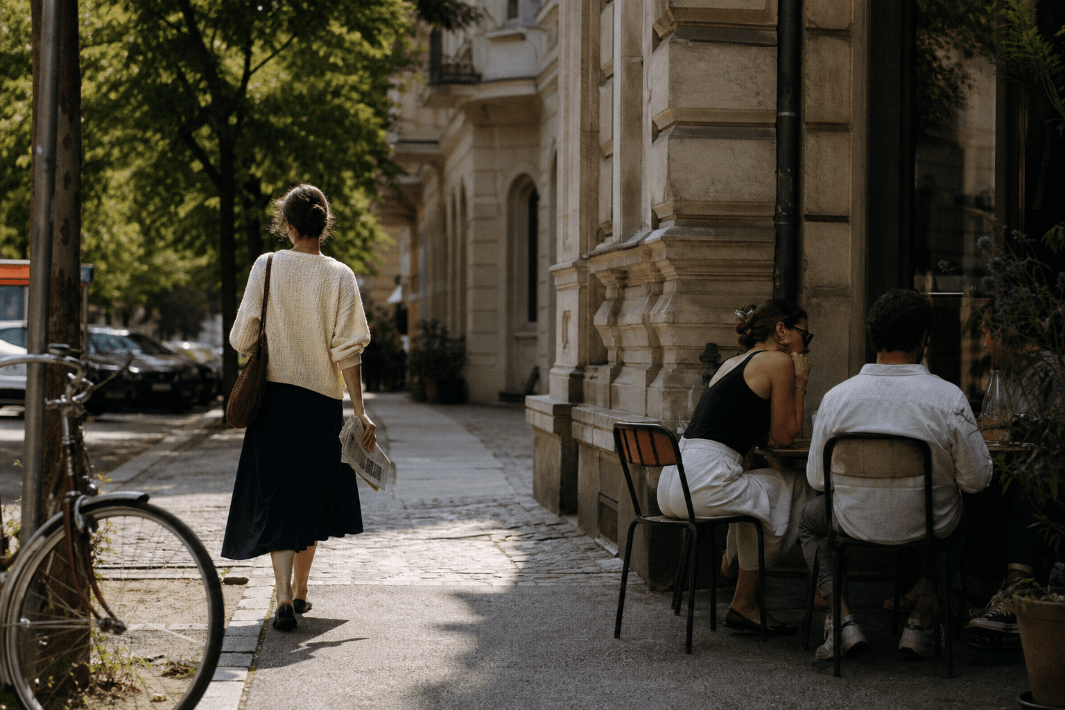 Eine Frau geht an einem sonnigen Nachmittag durch eine ruhige Charlottenburger Seitenstraße.